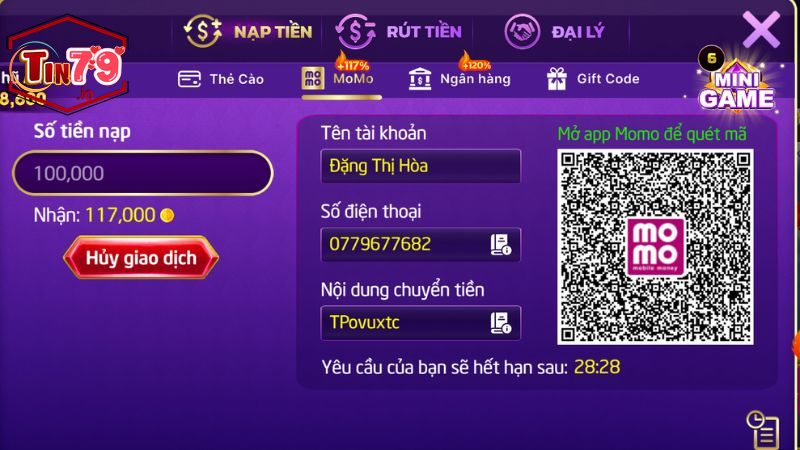 Hướng dẫn nạp tiền Tin79 chi tiết qua các phương thức 7 Nạp tiền vào tài khoản Tin79 qua momo