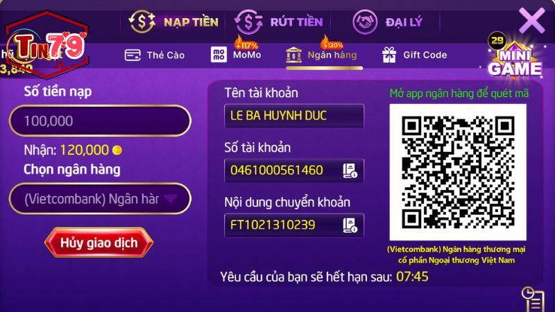 Hướng dẫn nạp tiền Tin79 chi tiết qua các phương thức 8 Gửi tiền Tin79 qua tài khoản ngân hàng